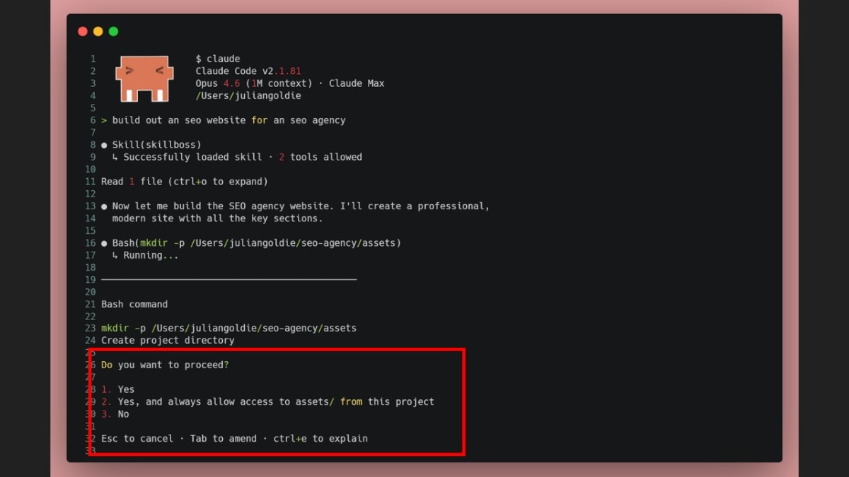 Claude Code default mode with permission prompt before actions.