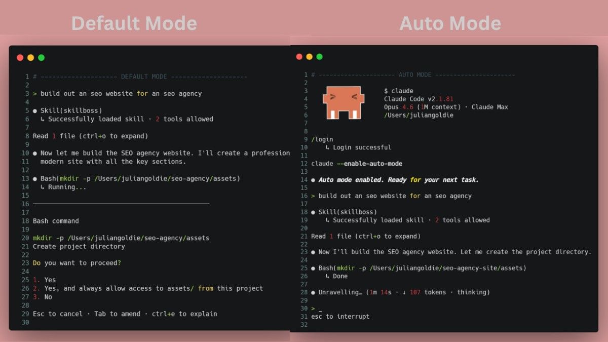 claude code auto mode compared to default and skip-permissions modes